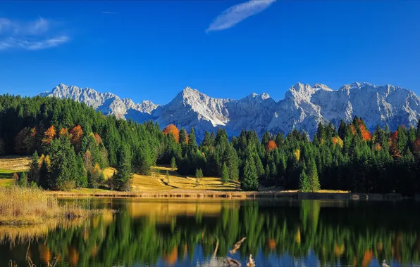 Картинка осень, лес, небо, облака, свет, горы, природа, озеро, отражение, синева, скалы, голубое, берег, склоны, вершины, …
