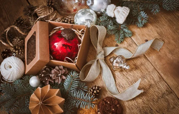Картинка украшения, шары, Рождество, Новый год, new year, Christmas, balls, wood, decoration, fir tree, ветки ели