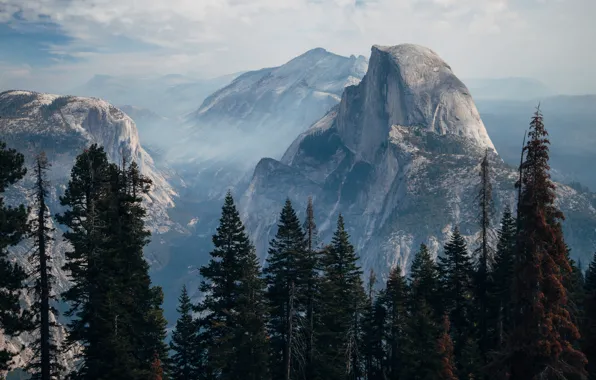 Картинка USA, forest, trees, landscape, nature, Yosemite Valley, mountains, rocks, mist, Yosemite National Park, United States …