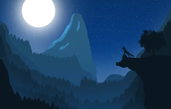 Картинка пейзаж, горы, луна, волк, ночной пейзаж, лиса, полнолуние, fox, wolf, яркая луна, лунное сияние, ночные …