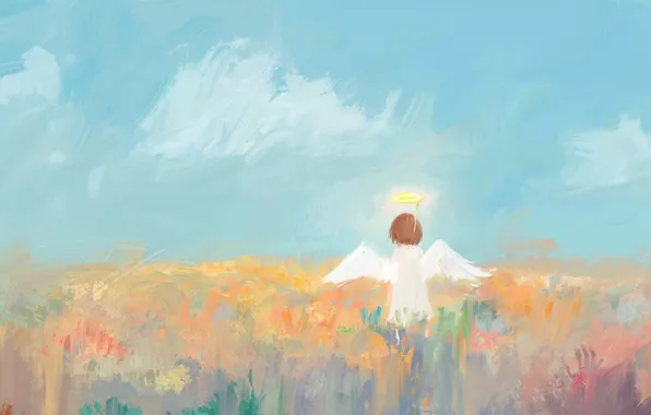 Картинка небо, трава, ангел, девочка