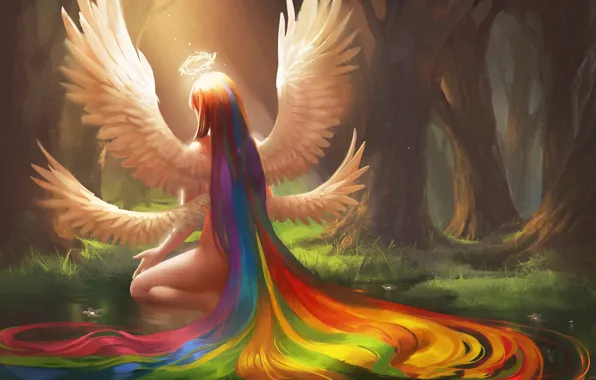 Картинка лес, девушка, крылья, радуга, арт