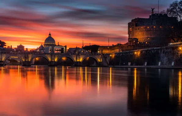 Картинка закат, мост, город, здания, вечер, освещение, Рим, Италия, собор, Ватикан