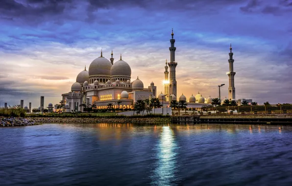 Картинка вода, город, вечер, башни, мечеть, архитектура, ОАЭ, купола, Мечеть шейха Зайда, Абу-Даби, Эмираты