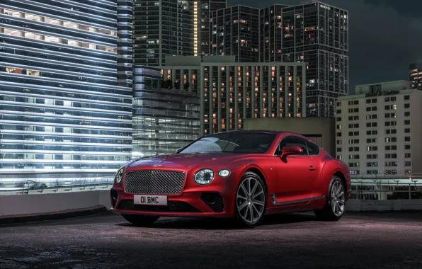 Картинка ночь, красный, город, купе, Bentley, 2019, Continental GT V8