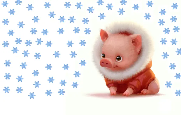 Картинка зима, малыш, арт, Новый год, хрюшка, поросёнок, Lynn Chen, Lil piggy dude