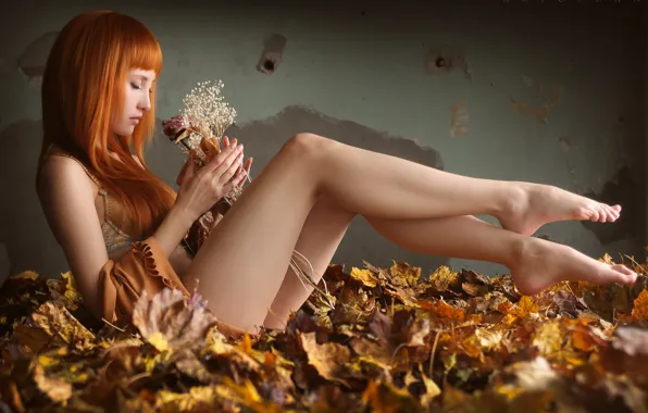 Картинка осень, листья, рыженькая, Saju, красивые ножки