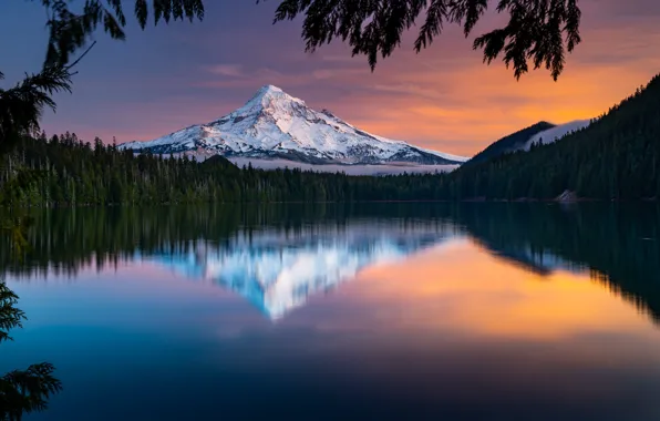 Картинка лес, закат, озеро, отражение, гора, Орегон, Oregon, Mount Hood, Каскадные горы, Cascade Range, Озеро Лост, …