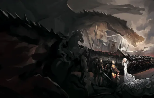 Картинка Game of Thrones, Daenerys Targaryen, dragons, Tyrion Lannister, arm, Varys