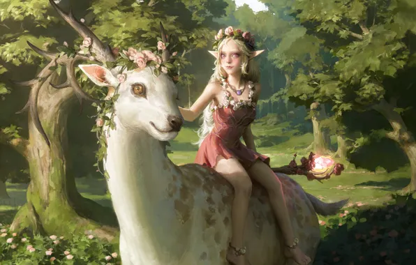 Картинка олень, девочка, рога, сказочный лес, верхом, магический артефакт, elf girl, венок из роз, by Senfeng …