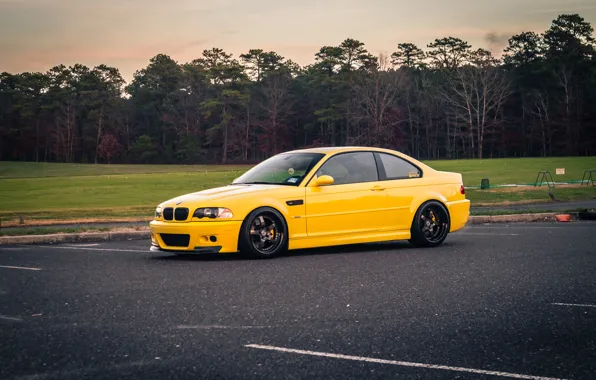Картинка BMW, Yellow, E46, Parking, Forest, M3