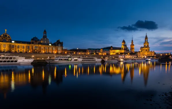 Картинка огни, река, вечер, Германия, Дрезден
