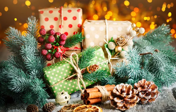 Картинка снег, украшения, Новый Год, Рождество, подарки, christmas, balls, wood, winter, snow, merry, decoration, gift box, …