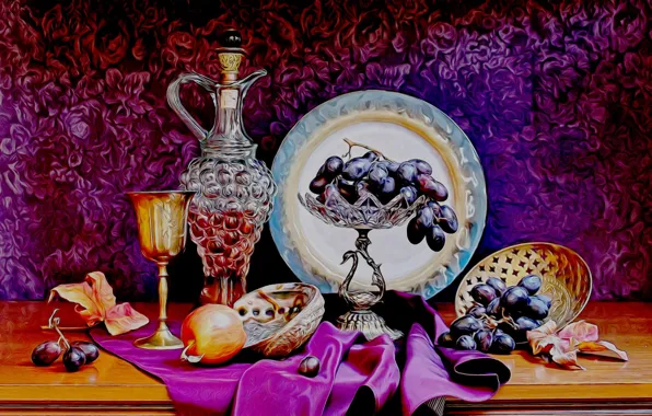 Картинка рендеринг, серебро, бокал, виноград, хрусталь, кувшин, натюрморт, картинка, шелковая ткань, драпировка, вазы с фруктами