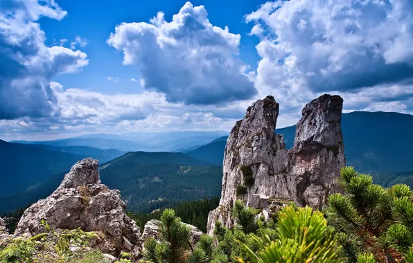 Картинка sky, trees, mountains, clouds, rocks, landscapes, bushes, stones, plants, Romania, limestone, 4k ultra hd background, …