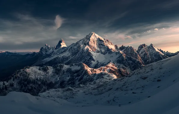 Картинка зима, небо, снег, горы, природа, скалы, рассвет, США, национальный парк Норт-Каскейдс