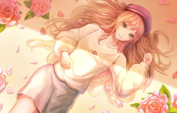 Картинка лепестки, девочка, рыжая, длинные волосы, берет, зеленые глаза, свитер, розовые розы, лежит на полу