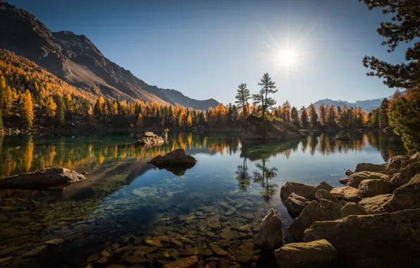 Картинка осень, лес, деревья, горы, озеро, отражение, камни, Швейцария, Альпы, Switzerland, Alps, Lago di Saoseo, Poschiavo, …