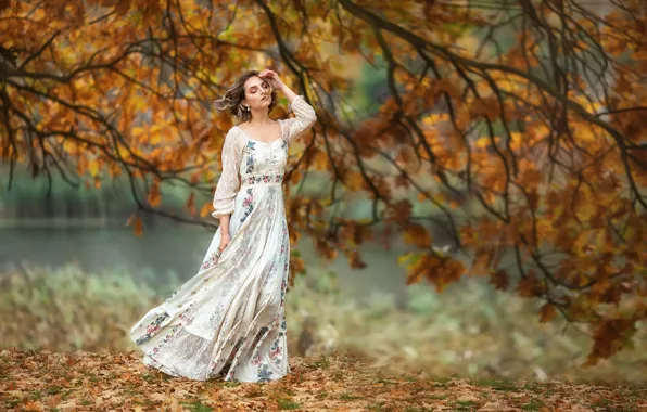 Картинка осень, девушка, ветки, поза, дерево, настроение, платье, Анастасия Бармина