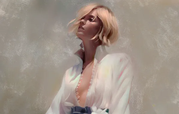 Картинка воротник, серый фон, портрет девушки, белая блузка, расстебнута, by Justine Florentino