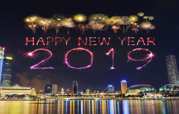 Картинка ночь, city, огни, салют, colorful, Новый Год, happy, night, New Year, fireworks, 2019