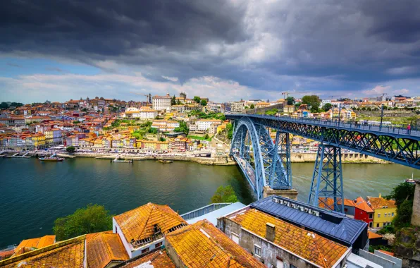 Картинка мост, река, здания, дома, крыши, панорама, Португалия, Portugal, Vila Nova de Gaia, Porto, Порту, Вила-Нова-ди-Гая, …