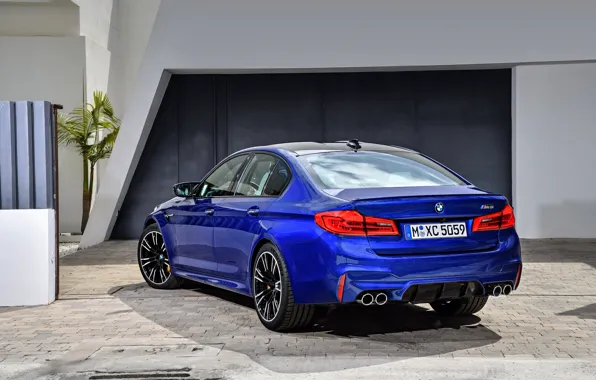 Картинка синий, стена, брусчатка, BMW, сзади, седан, BMW M5, 2017, M5, F90