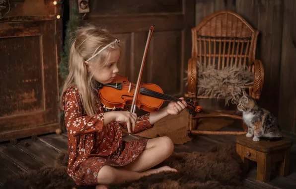 Картинка музыка, настроение, скрипка, малыш, девочка, котёнок, табурет, кресло-качалка, музицирование, слушатель