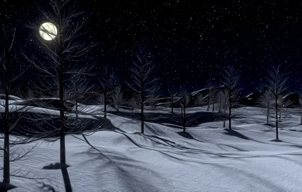 Картинка зима, снег, ночь, рендеринг, луна, тишина, мороз, тени, лунный свет, картинка