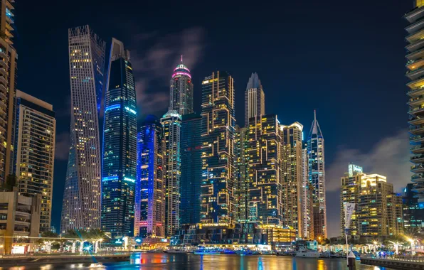 Картинка здания, дома, Дубай, ночной город, Dubai, небоскрёбы, гавань, ОАЭ, UAE, Дубай Марина, Dubai Marina