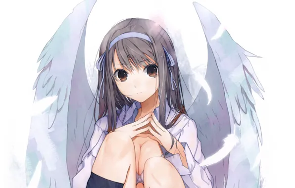 Картинка перья, колени, angel, ободок, большие глаза, чёлка, белые крылья, haruaki fuyuno, девочка - ангелок