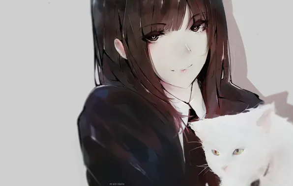 Картинка лицо, школьница, серый фон, длинные волосы, art, челка, белый котенок, Aoi Ogata