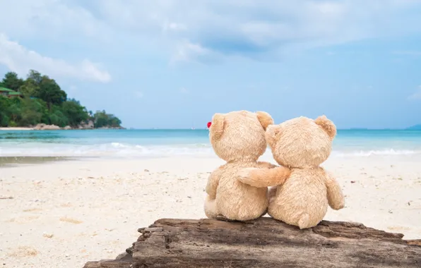 Картинка песок, море, пляж, любовь, игрушка, медведь, мишка, пара, доска, love, двое, beach, bear, sea, romantic, …