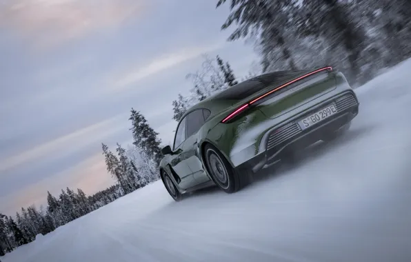 Картинка снег, Porsche, зелёный, вид сзади, 2020, Taycan, Taycan 4S