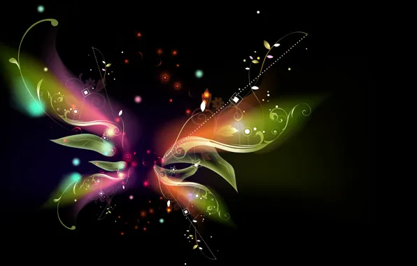 Картинка vector, abstract, leaves, rendering, digital art, artwork, black background, Butterfly, simple background, shapes