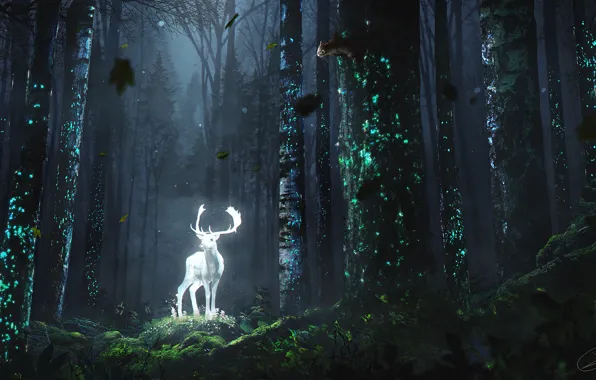 Картинка fantasy, forest, horns, trees, digital art, artwork, bright, fantasy art, chipmunk, Deer, undergrowth