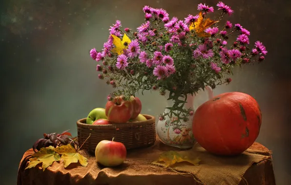 Картинка осень, листья, цветы, стол, фон, яблоки, букет, тыква, ваза, натюрморт, скатерть, астры