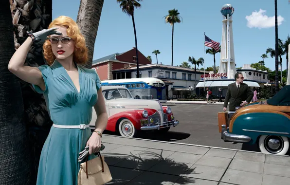 Картинка дорога, авто, девушка, машины, город, платье, очки, Лос-Анджелес, Joyce Harwood