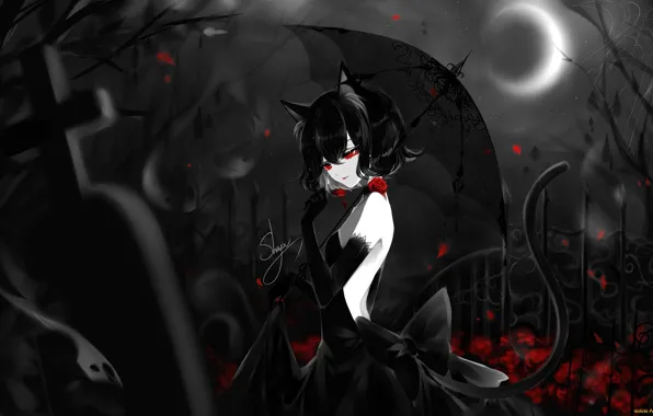 Картинка кладбище, черное платье, красные глаза, надгробие, лунное затмение, черная кошка, neko girl, под зонтом, мрачное …