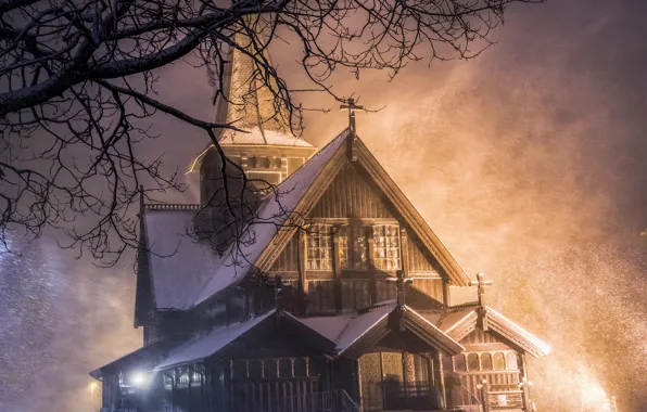 Картинка зима, пейзаж, ветки, природа, дом, дерево, вечер, освещение, Allan Pedersen