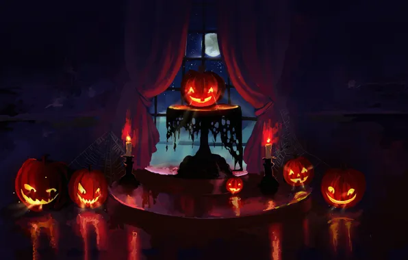Картинка holidays, halloween, night, art, candles, pumpkin
