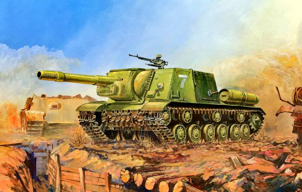 Картинка САУ, РККА, ИСУ-152, Советская, Тяжелая, Окоп, 152-мм гаубица-пушка МЛ-20