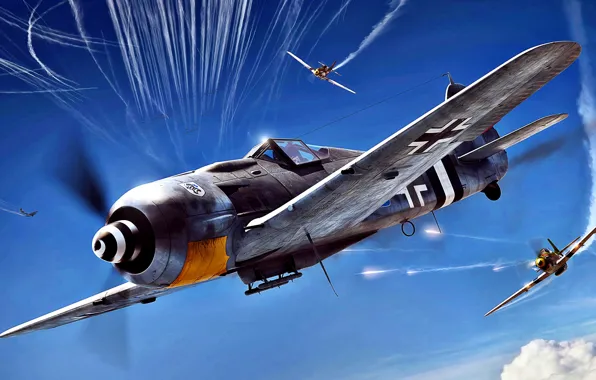 Картинка атака, P-51D, инверсионный след, Sturmbock, Fw.190A-8/R8, JG4