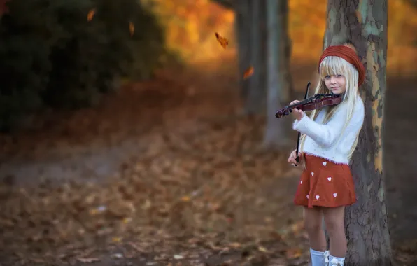Картинка осень, листья, деревья, настроение, скрипка, девочка