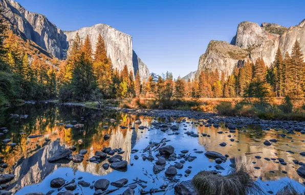 Картинка осень, деревья, пейзаж, горы, природа, озеро, камни, США, Йосемити, национальный парк, заповедник, Yosemite National Park