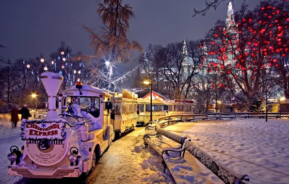 Картинка зима, парк, рождество, Вена, ночное фото, рождественский рынок, интересные места