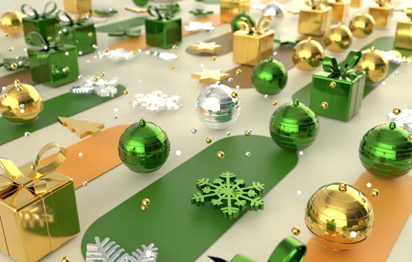 Картинка шарики, снежинки, рендеринг, праздник, графика, зеленые, Рождество, подарки, Новый год, золотые, коробочки