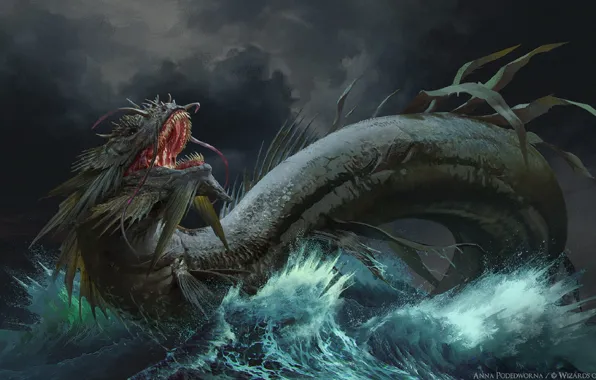 Картинка страх, дракон, чудовище, свирепый, dragon, морское чудище, мрачное небо, пасть дракона, by Anna Pwornaoded