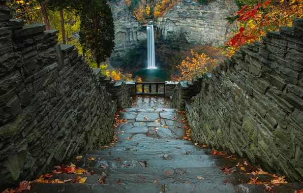 Обои осень, камни, скалы, спуск, вид, водопад, лестница, ступени .