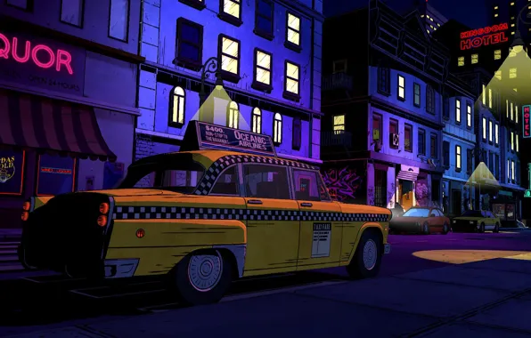 Картинка ночь, город, улица, арт, такси, неоновые вывески